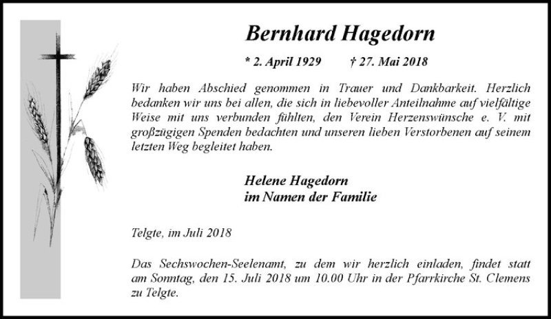  Traueranzeige für Bernhard Hagedorn vom 07.07.2018 aus Westfälische Nachrichten