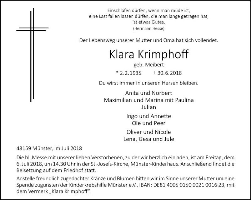  Traueranzeige für Klara Krimphoff vom 04.07.2018 aus Westfälische Nachrichten