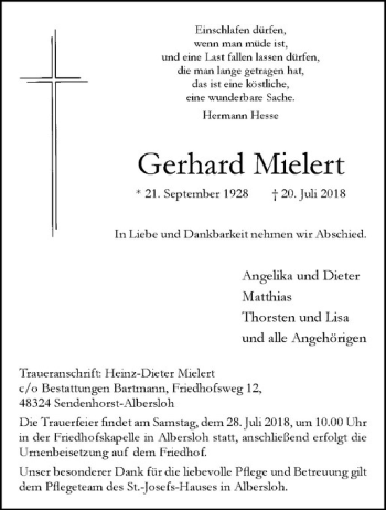 Anzeige von Gerhard Mielert von Westfälische Nachrichten