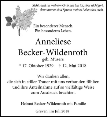 Anzeige von Anneliese Becker-Wildenroth von Westfälische Nachrichten