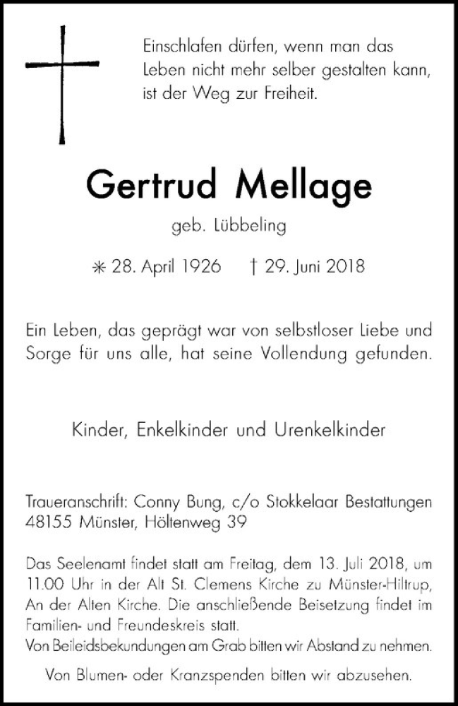  Traueranzeige für Gertrud Mellage vom 07.07.2018 aus Westfälische Nachrichten