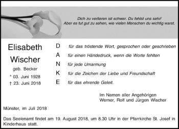 Anzeige von Elisabeth Wischer von Westfälische Nachrichten
