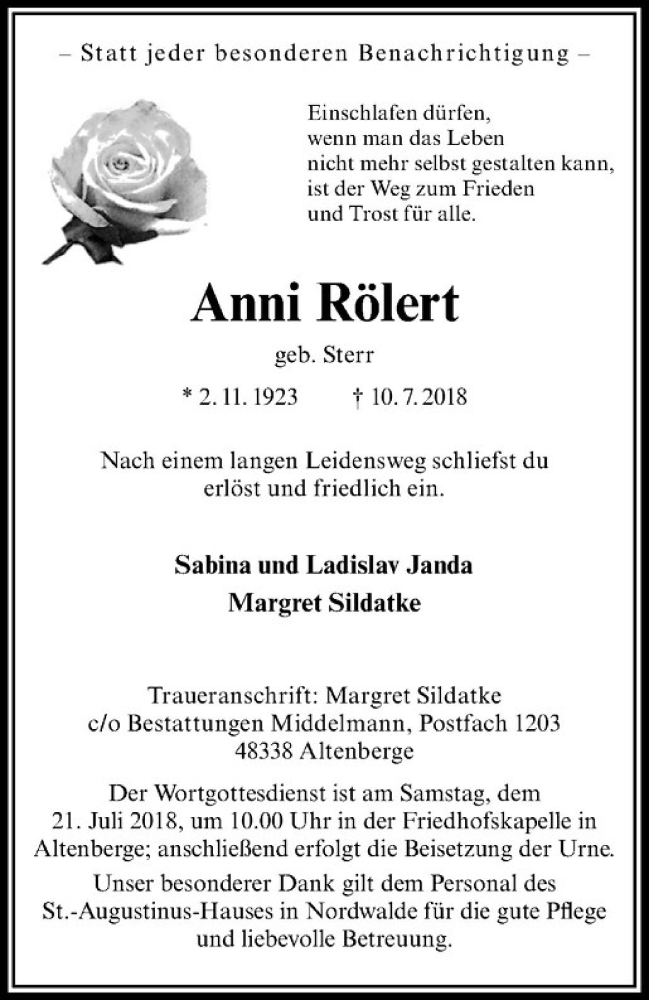  Traueranzeige für Anni Rölert vom 14.07.2018 aus Westfälische Nachrichten