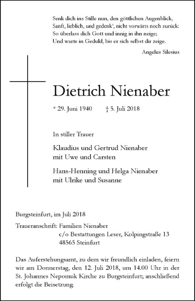  Traueranzeige für Dietrich Nienaber vom 10.07.2018 aus Westfälische Nachrichten