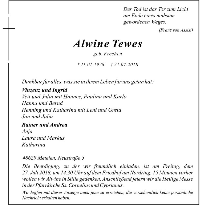  Traueranzeige für Alwine Tewes vom 24.07.2018 aus Westfälische Nachrichten