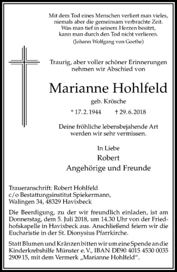 Anzeige von Marianne Hohlfeld von Westfälische Nachrichten