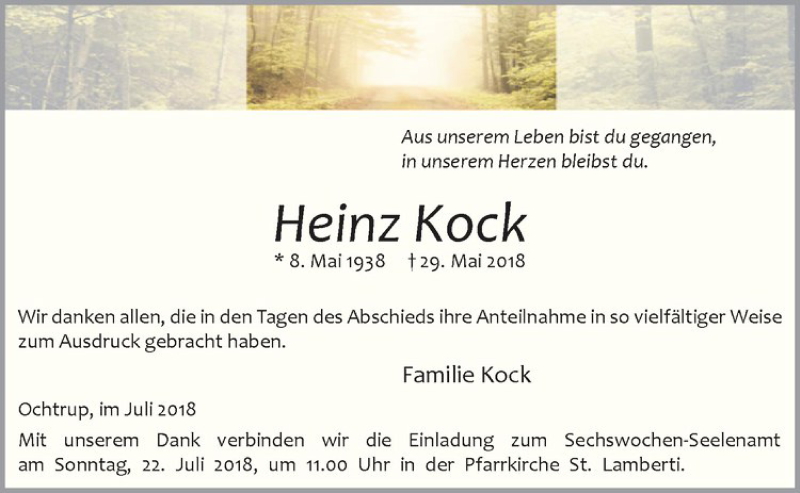  Traueranzeige für Heinz Kock vom 18.07.2018 aus Westfälische Nachrichten