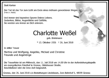 Anzeige von Charlotte Weßel von Westfälische Nachrichten