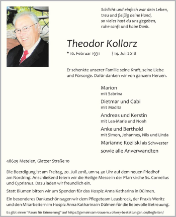 Anzeige von Theodor Kollorz von Westfälische Nachrichten