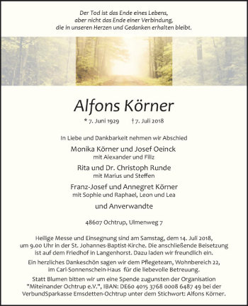 Anzeige von Alfons Körner von Westfälische Nachrichten