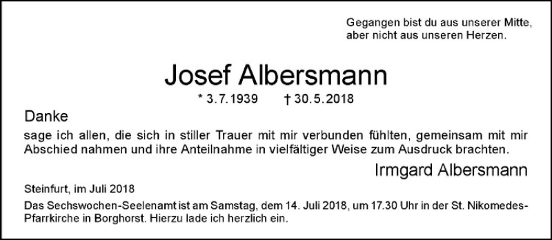  Traueranzeige für Josef Albersmann vom 07.07.2018 aus Westfälische Nachrichten