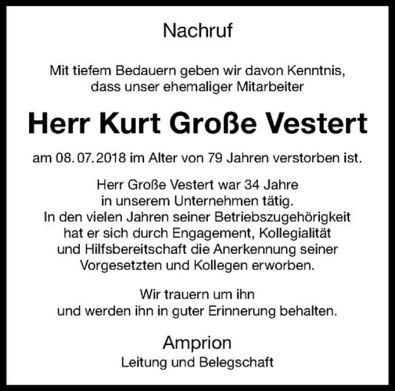  Traueranzeige für Kurt Große Vestert vom 27.07.2018 aus Westfälische Nachrichten