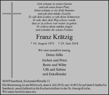 Anzeige von Franz Krätzig von Westfälische Nachrichten