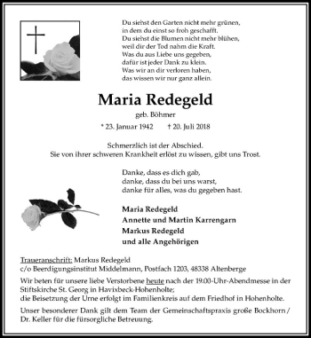 Anzeige von Maria Redegeld von Westfälische Nachrichten