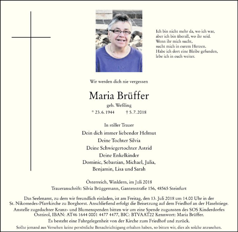  Traueranzeige für Maria Brüffer vom 11.07.2018 aus Westfälische Nachrichten