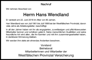 Anzeige von Hans Wendland von Westfälische Nachrichten