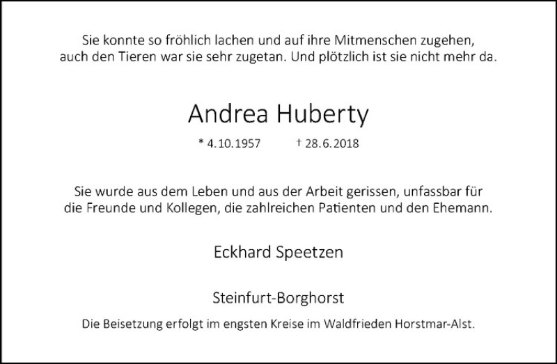  Traueranzeige für Andrea Huberty vom 04.07.2018 aus Westfälische Nachrichten
