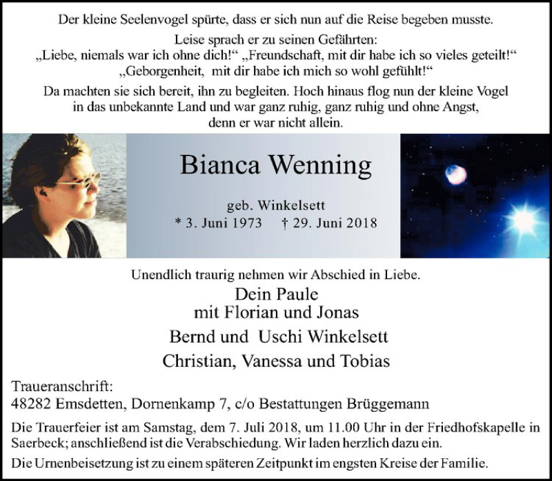  Traueranzeige für Bianca Wenning vom 05.07.2018 aus Westfälische Nachrichten