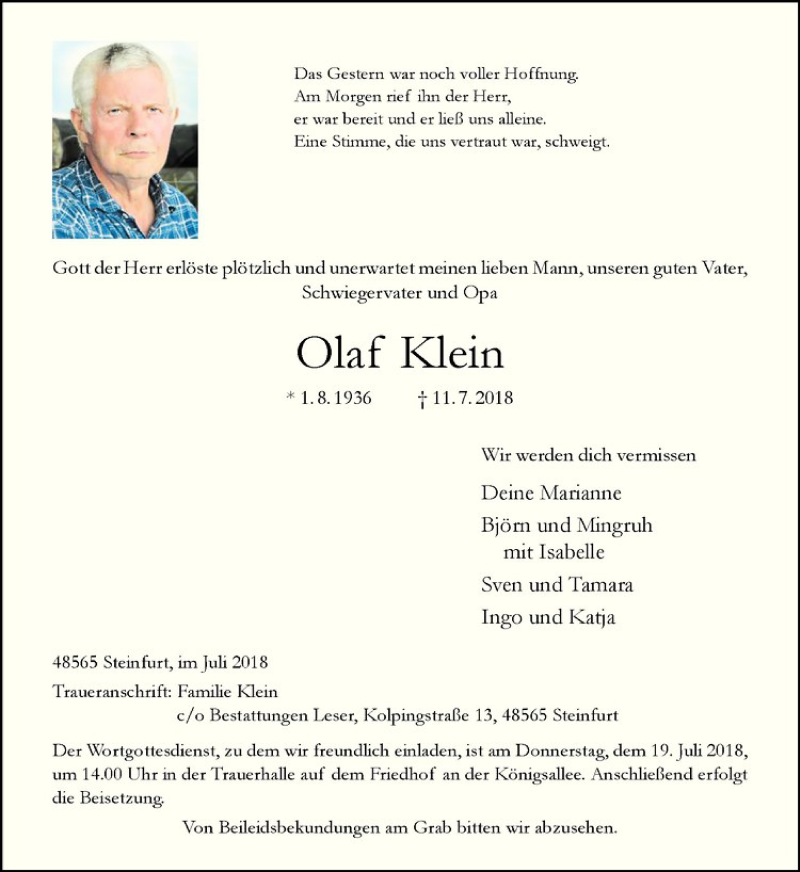  Traueranzeige für Olaf Klein vom 16.07.2018 aus Westfälische Nachrichten