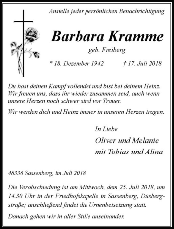 Anzeige von Heinz Kramme von Westfälische Nachrichten