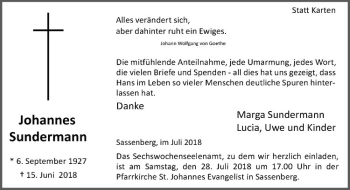 Anzeige von Johannes Sundermann von Westfälische Nachrichten