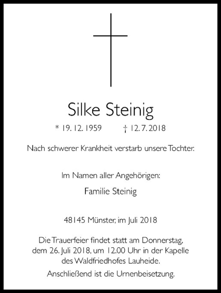  Traueranzeige für Silke Steinig vom 20.07.2018 aus Westfälische Nachrichten