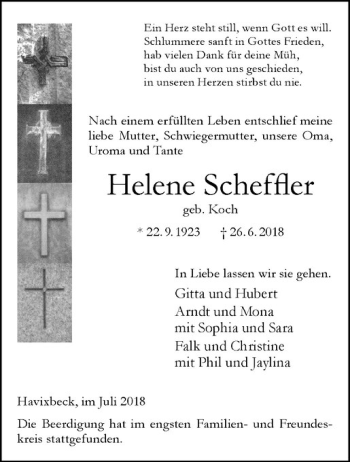Anzeige von Helene Scheffler von Westfälische Nachrichten