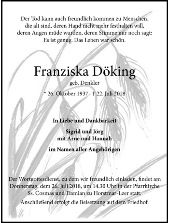 Anzeige von Franziska Döking von Westfälische Nachrichten