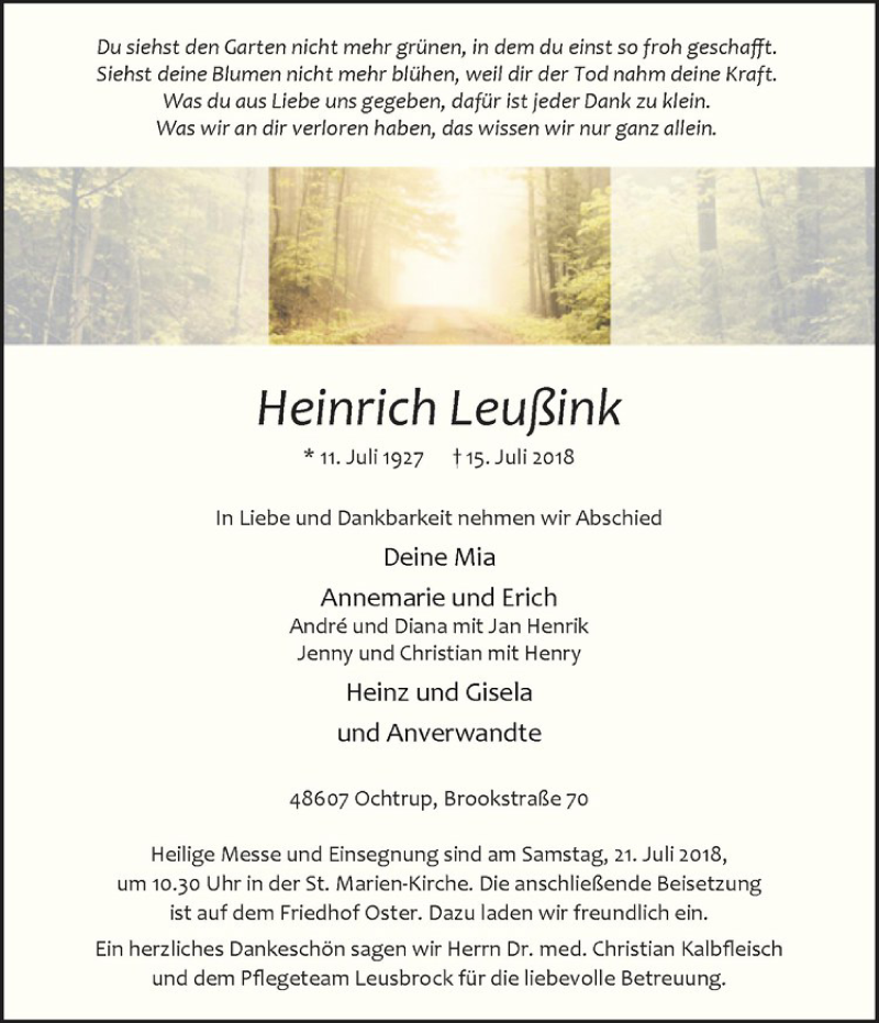  Traueranzeige für Heinrich Leußink vom 17.07.2018 aus Westfälische Nachrichten