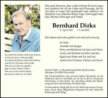 Anzeige von Bernhard Dirks von Westfälische Nachrichten
