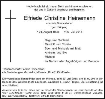 Anzeige von Elfriede Christine Heinemann von Westfälische Nachrichten