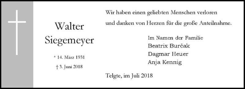 Traueranzeige für Walter Siegemeyer vom 28.07.2018 aus Westfälische Nachrichten