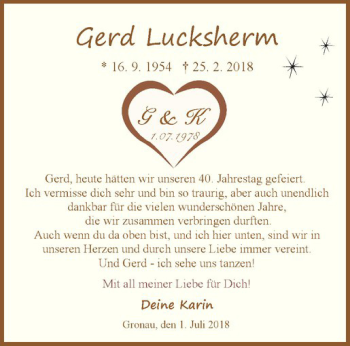 Anzeige von Gerd Lucksherm von Westfälische Nachrichten