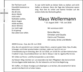 Anzeige von Klaus Wellermann von Westfälische Nachrichten