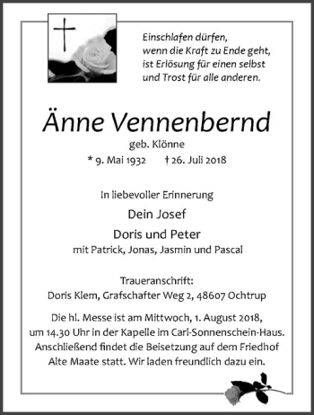 Anzeige von Änne Vennenbernd von Westfälische Nachrichten