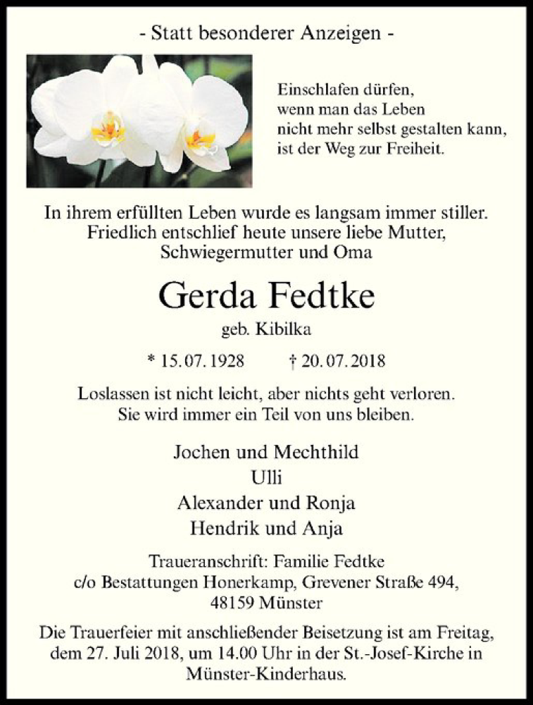  Traueranzeige für Gerda Fedtke vom 24.07.2018 aus Westfälische Nachrichten