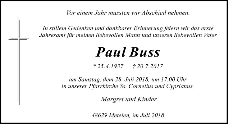  Traueranzeige für Paul Buss vom 26.07.2018 aus Westfälische Nachrichten
