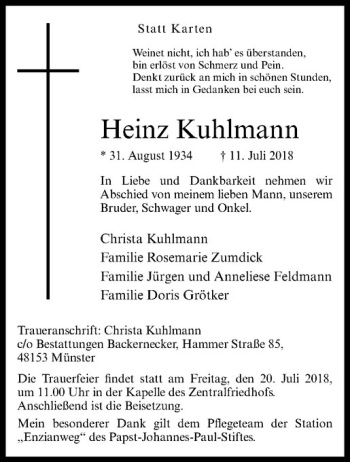 Anzeige von Heinz Kuhlmann von Westfälische Nachrichten