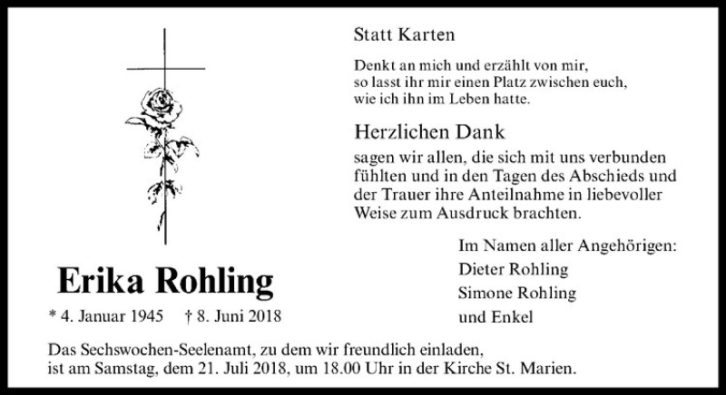  Traueranzeige für Erika Rohling vom 19.07.2018 aus Westfälische Nachrichten