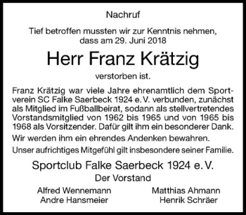 Anzeige von Franz Krätzig von Westfälische Nachrichten