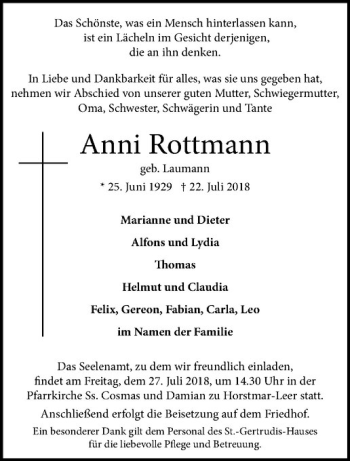 Anzeige von Anni Rottmann von Westfälische Nachrichten