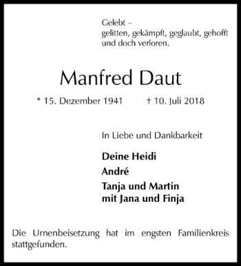 Anzeige von Manfred Daut von Westfälische Nachrichten