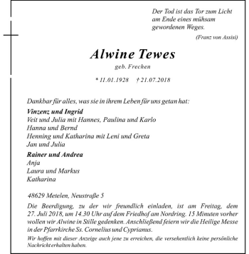 Anzeige von Alwine Tewes von Westfälische Nachrichten
