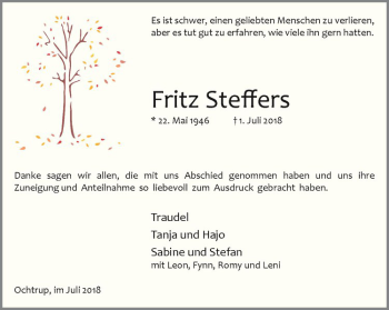 Anzeige von Fritz Steffers von Westfälische Nachrichten