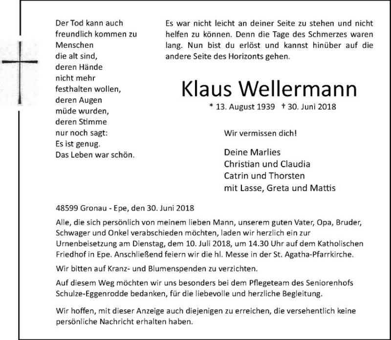  Traueranzeige für Klaus Wellermann vom 04.07.2018 aus Westfälische Nachrichten