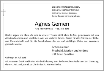Anzeige von Agnes Gemen von Westfälische Nachrichten