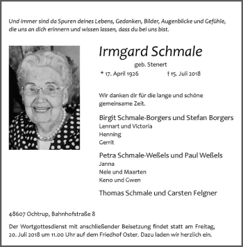 Anzeige von Irmgard Schmale von Westfälische Nachrichten