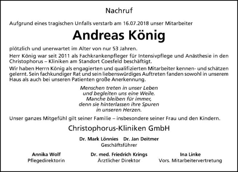  Traueranzeige für Andreas König vom 30.07.2018 aus Westfälische Nachrichten