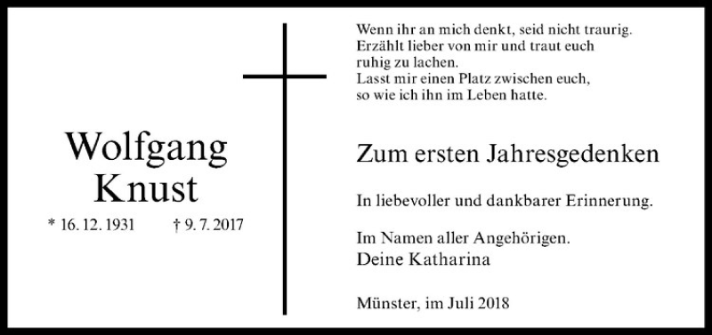  Traueranzeige für Wolfgang Knust vom 07.07.2018 aus Westfälische Nachrichten