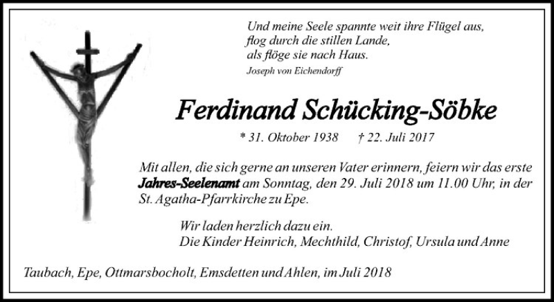  Traueranzeige für Ferdinand Schücking-Söbke vom 25.07.2018 aus Westfälische Nachrichten
